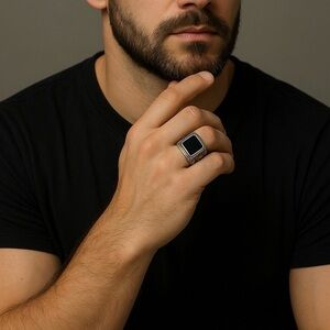 2123- Black Handmade Natural Stone Men's Ring Size 13.5 NWT